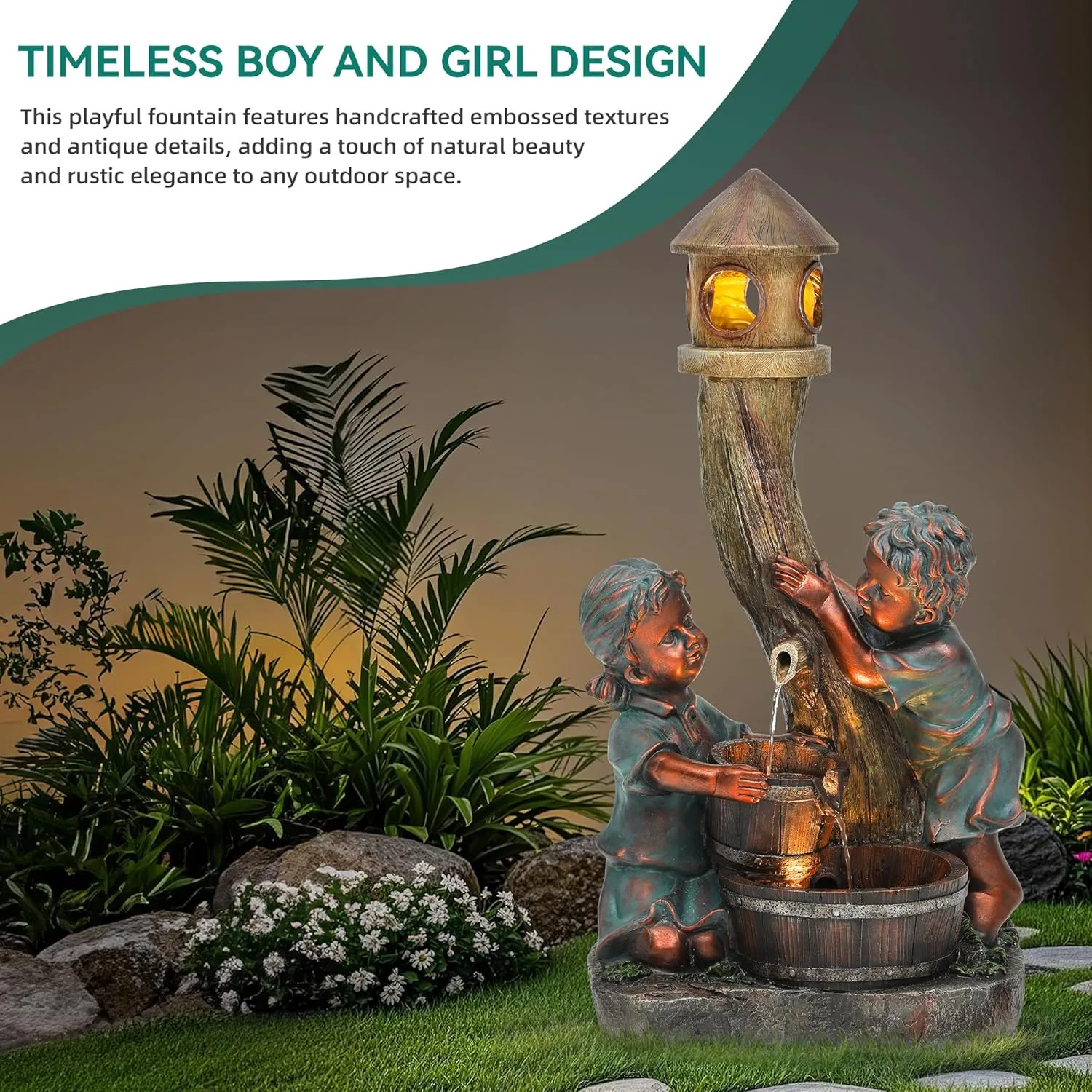 31" Resin Outdoor Water Fountain with LED Lights, Boy and Girl, Pagoda and Wood Barrel Garden Fountain, 3-Tier Cascading Waterfall for Tranquil Backyard, Patio or Porch, Faux Bronze Finish