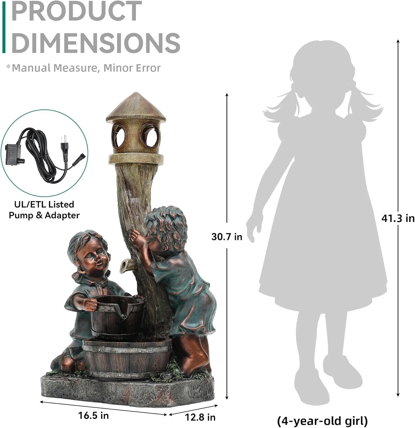 31" Resin Outdoor Water Fountain with LED Lights, Boy and Girl, Pagoda and Wood Barrel Garden Fountain, 3-Tier Cascading Waterfall for Tranquil Backyard, Patio or Porch, Faux Bronze Finish