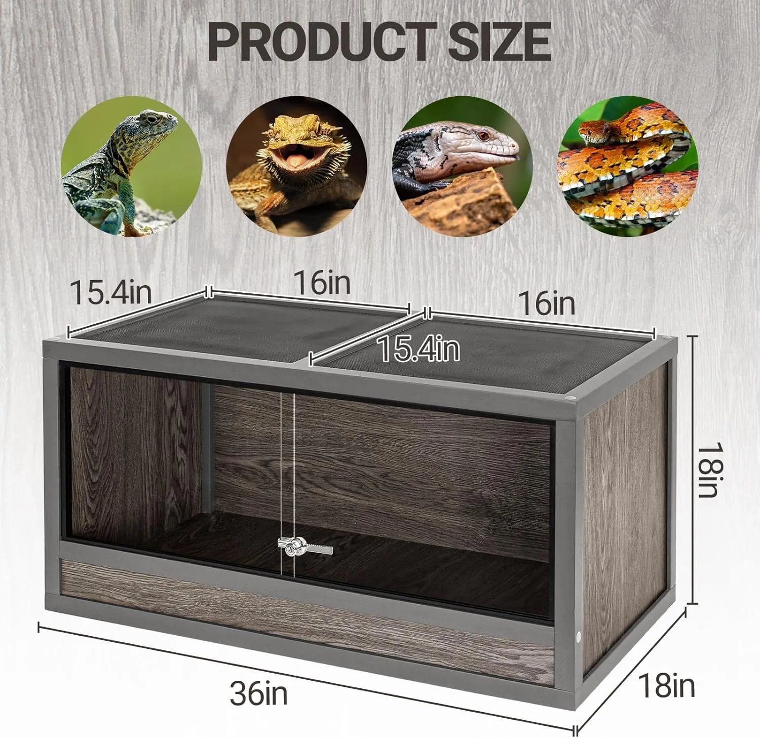 50 Gallon Reptile Tank, 36" x 18" x 18" Wooden Reptile Terrarium with Sliding Door & Top Screen Ventilation, Suitable for Bearded Dragon Ball Python Gecko Lizard, Better Insulation