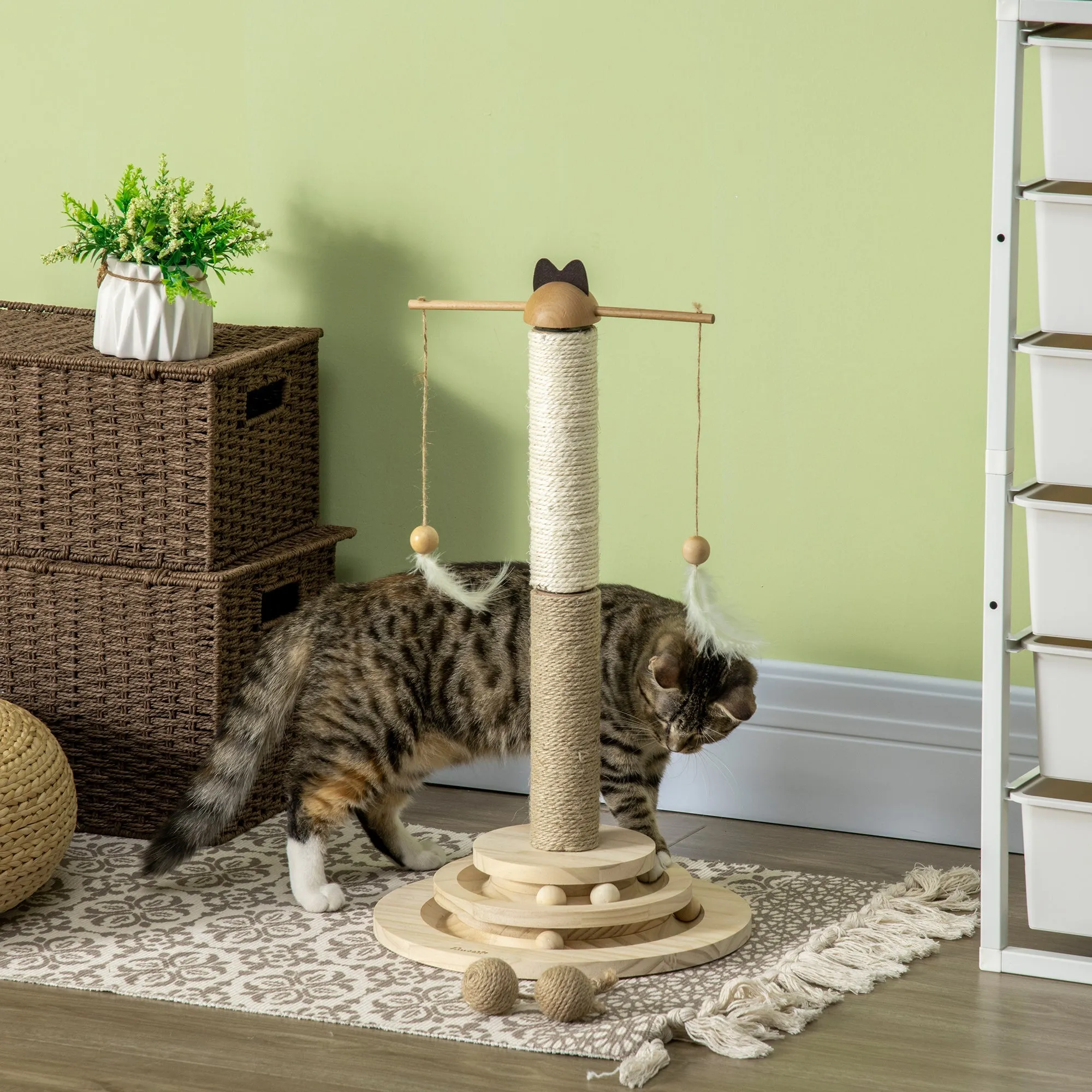 56cm Cat Tree Kitty Activity Center with Turntable Interactive Ball Toy Cat Tower with Jute & Sisal Scratching Post Natural