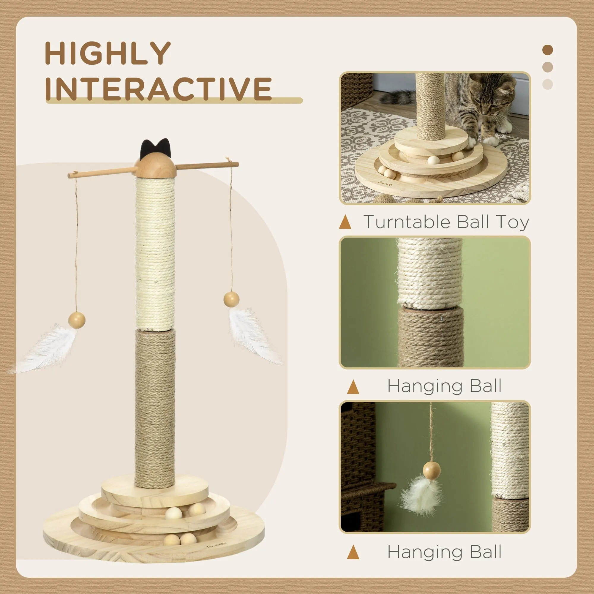 56cm Cat Tree Kitty Activity Center with Turntable Interactive Ball Toy Cat Tower with Jute & Sisal Scratching Post Natural