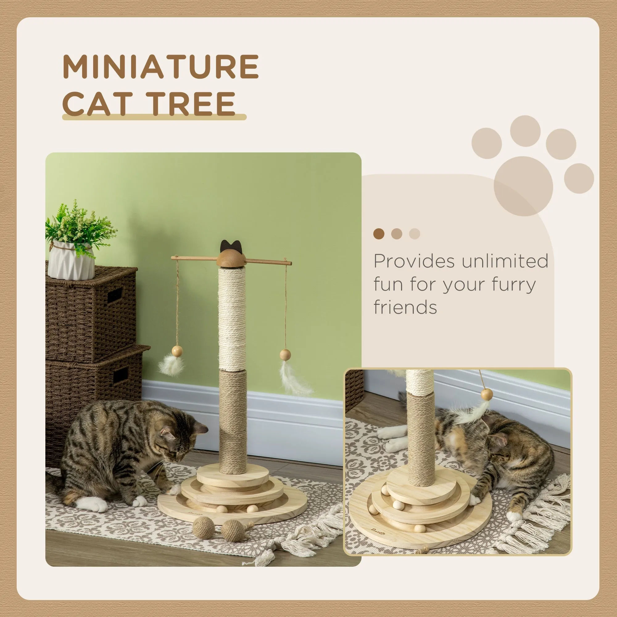 56cm Cat Tree Kitty Activity Center with Turntable Interactive Ball Toy Cat Tower with Jute & Sisal Scratching Post Natural