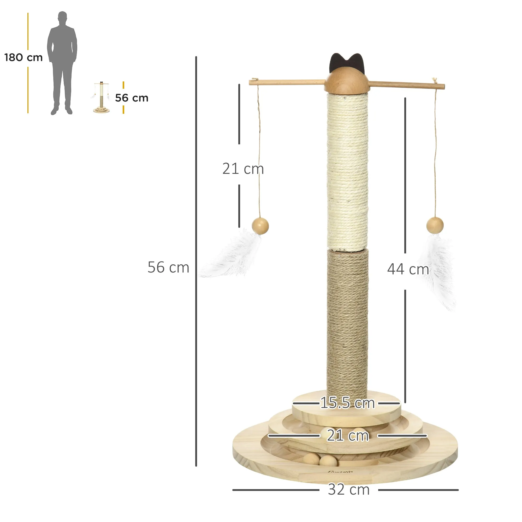 56cm Cat Tree Kitty Activity Center with Turntable Interactive Ball Toy Cat Tower with Jute & Sisal Scratching Post Natural