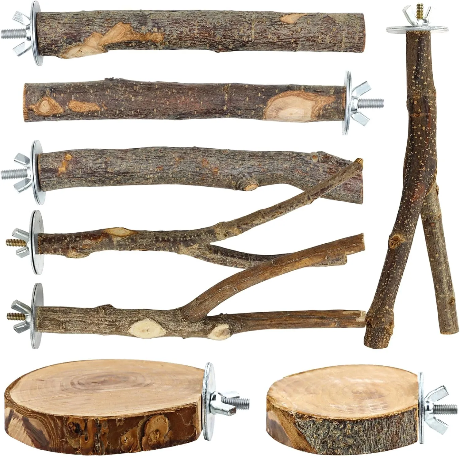 8PCS Natural Wood Bird Perches for Cage, Wooden Parrot Perch Stand, Bird Cage Accessories - Hanging Multi-Branch Perch & Platformas, Bird Toys for Parakeets, Cockatiel, Conure, Budgie, Macaw