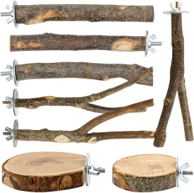8PCS Natural Wood Bird Perches for Cage, Wooden Parrot Perch Stand, Bird Cage Accessories - Hanging Multi-Branch Perch & Platformas, Bird Toys for Parakeets, Cockatiel, Conure, Budgie, Macaw