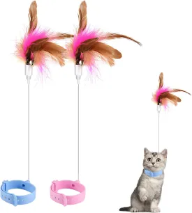 AIEX Cat Teaser Toy, Cat Wand Toy Retractable with Silicone Collar Interactive Cat Toys Attached with Feather for Indoor Cat Kitten Exercise Training (Blue, Pink)