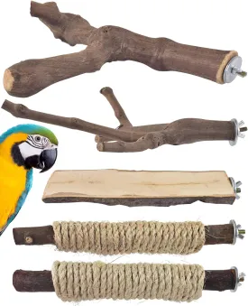 Bissap 5PCS Large Bird Perch Stand, Natural Wood Pole Standing Paw Grinding Fork Parrot Cage Branch with Rope for Macaw African Grey Amazon Pet Medium Large Birds Cage Accessories