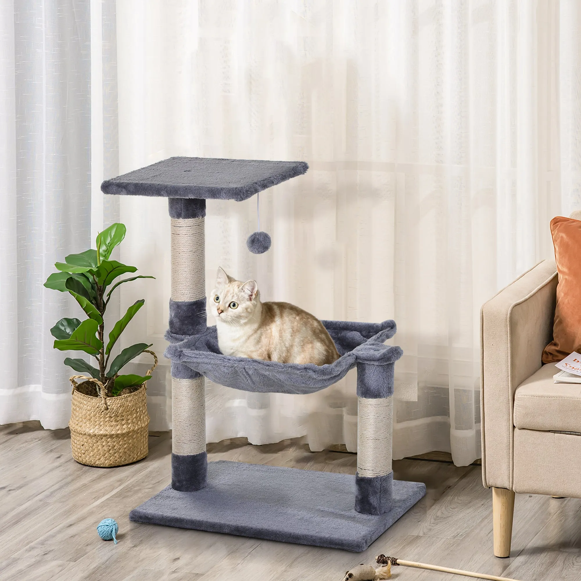Cat Tree Cat Scratching Post 2-Tier Sisal Rope Scratching PostWith Dangle Toy Beige