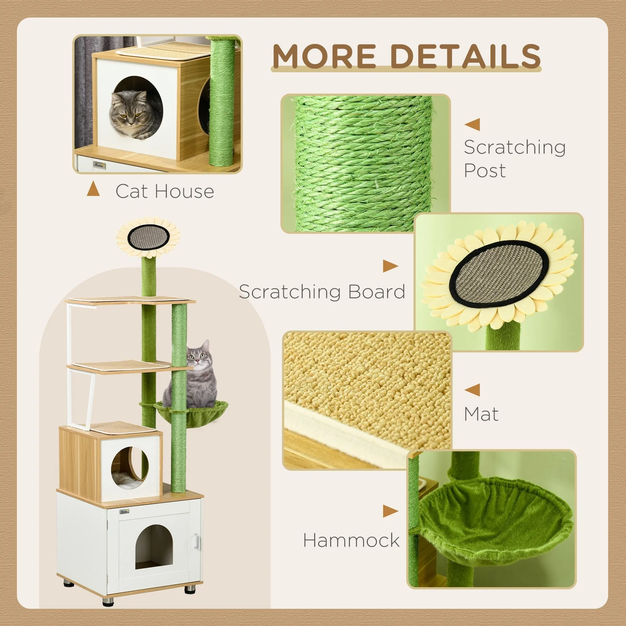 Cat Tree with Cat Litter Box for Indoor Cats Cat Enclosure with Scratching Post Cat Condo Hammock Platforms Removable Cushions Oak