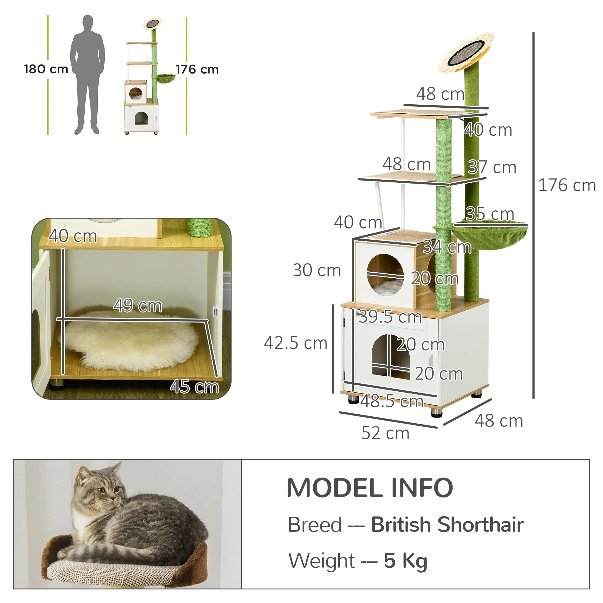Cat Tree with Cat Litter Box for Indoor Cats Cat Enclosure with Scratching Post Cat Condo Hammock Platforms Removable Cushions Oak