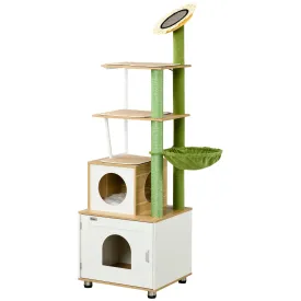 Cat Tree with Cat Litter Box for Indoor Cats Cat Enclosure with Scratching Post Cat Condo Hammock Platforms Removable Cushions Oak