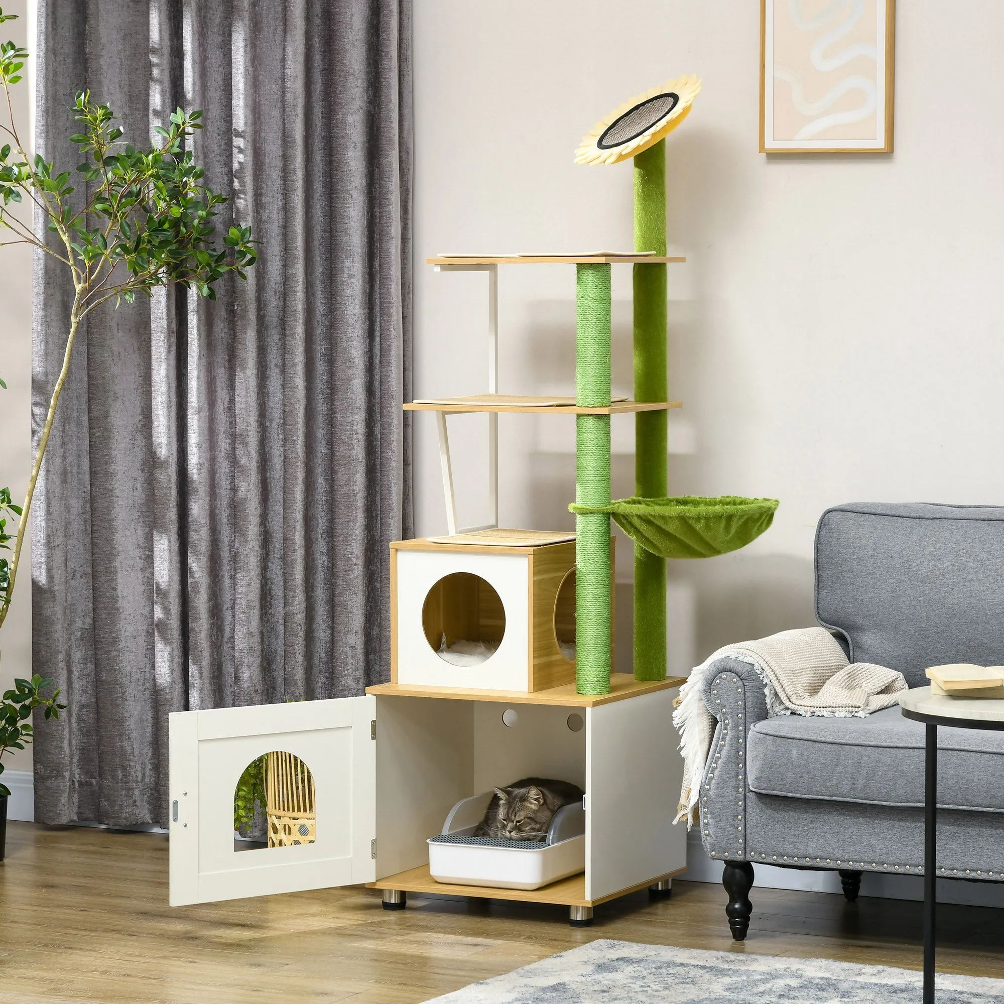 Cat Tree with Cat Litter Box for Indoor Cats Cat Enclosure with Scratching Post Cat Condo Hammock Platforms Removable Cushions Oak