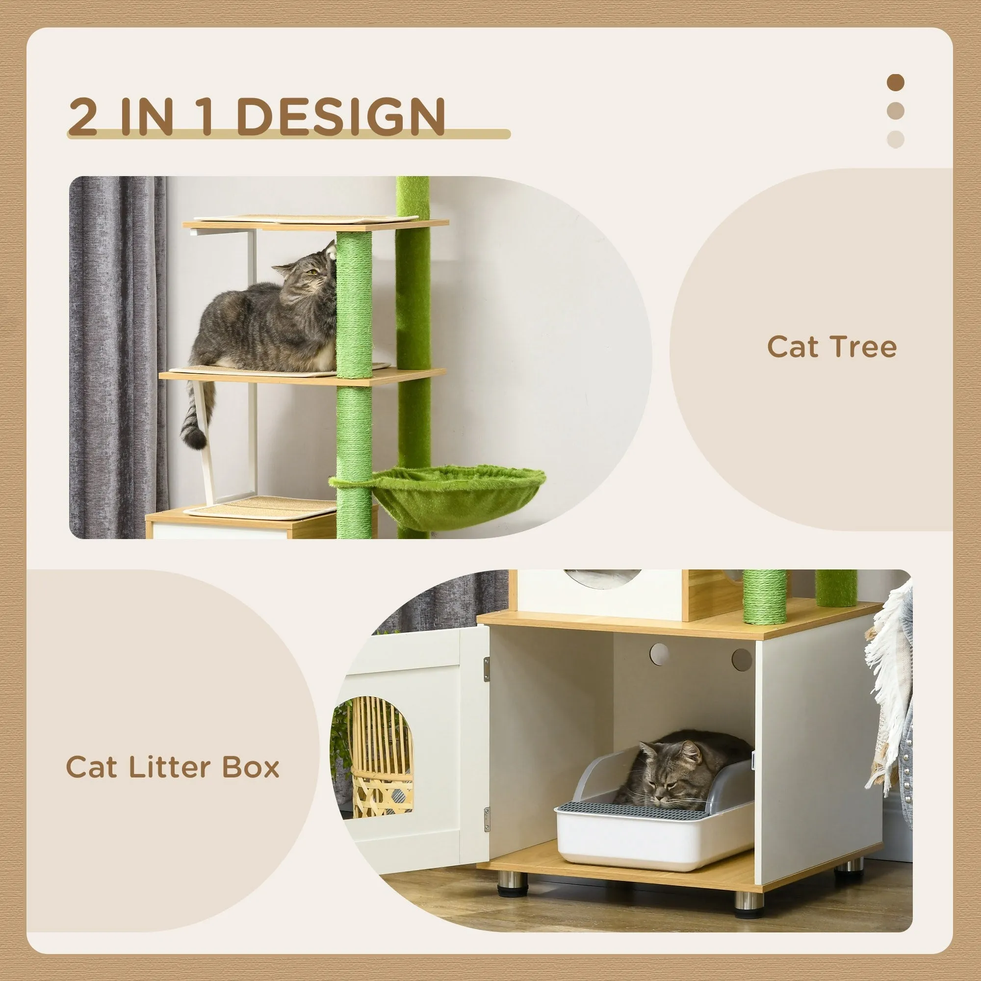 Cat Tree with Cat Litter Box for Indoor Cats Cat Enclosure with Scratching Post Cat Condo Hammock Platforms Removable Cushions Oak