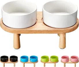 Ceramic Elevated Dog Bowls, Pet Food and Water Bowl Set for Medium and Small Dogs, 3.5 Cups Dog Bowls Raised with Wood Stand, 29OZ, White