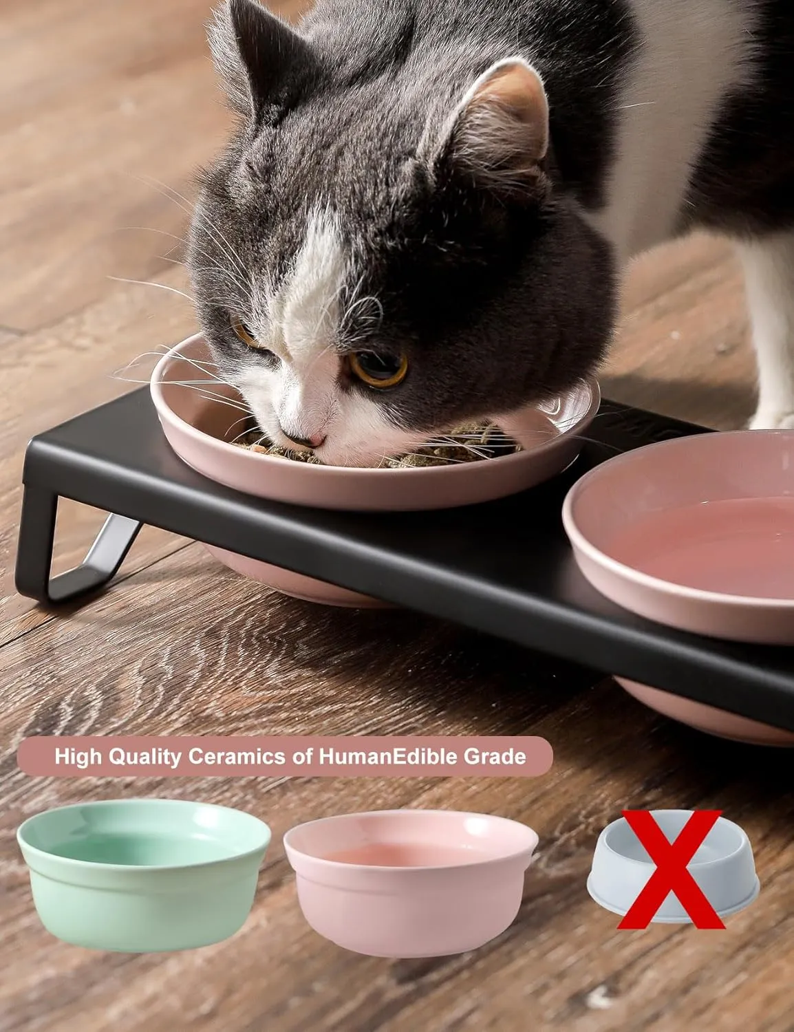 Ceramic Pink Cat Bowls Set - 5 inch Wide Cat Food & Water Bowl, Elevated Feeding Porcelain with Metal Stand for Indoor Cats and Small Dog,2 Bowls 1 Stand Set for Wet and Dry Food
