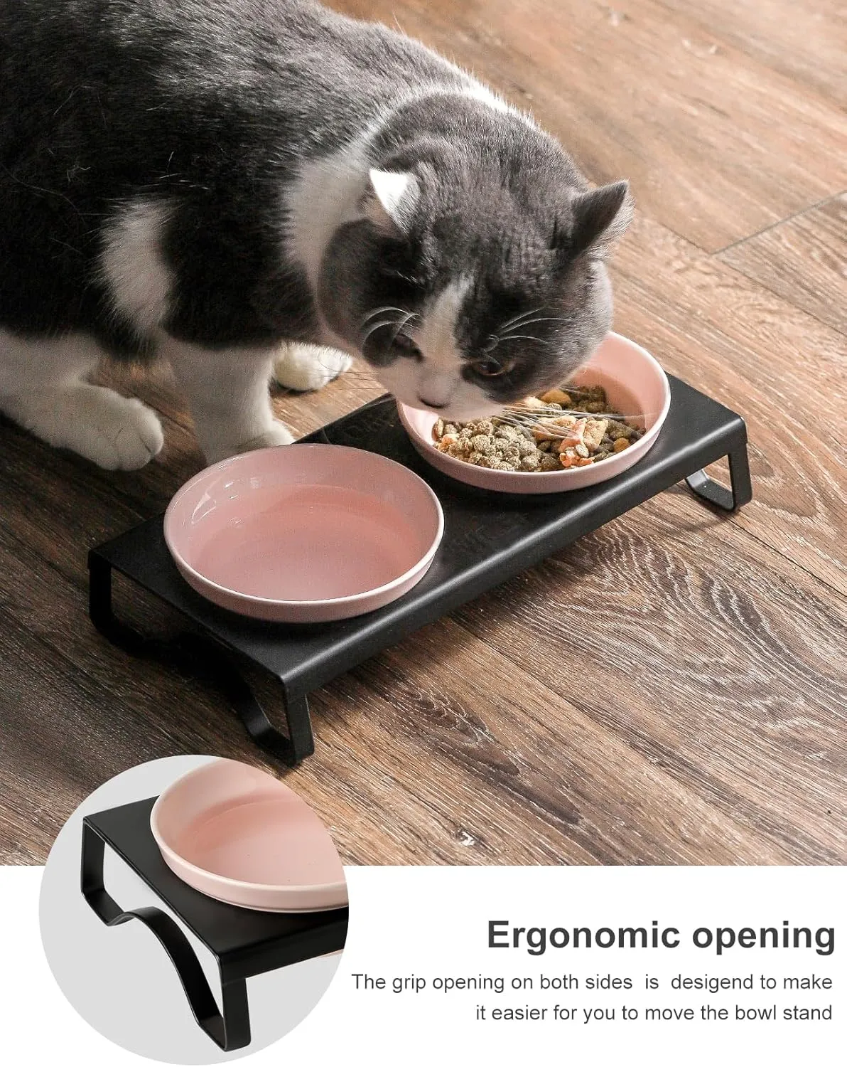 Ceramic Pink Cat Bowls Set - 5 inch Wide Cat Food & Water Bowl, Elevated Feeding Porcelain with Metal Stand for Indoor Cats and Small Dog,2 Bowls 1 Stand Set for Wet and Dry Food