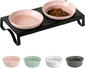 Ceramic Pink Cat Bowls Set - 5 inch Wide Cat Food & Water Bowl, Elevated Feeding Porcelain with Metal Stand for Indoor Cats and Small Dog,2 Bowls 1 Stand Set for Wet and Dry Food