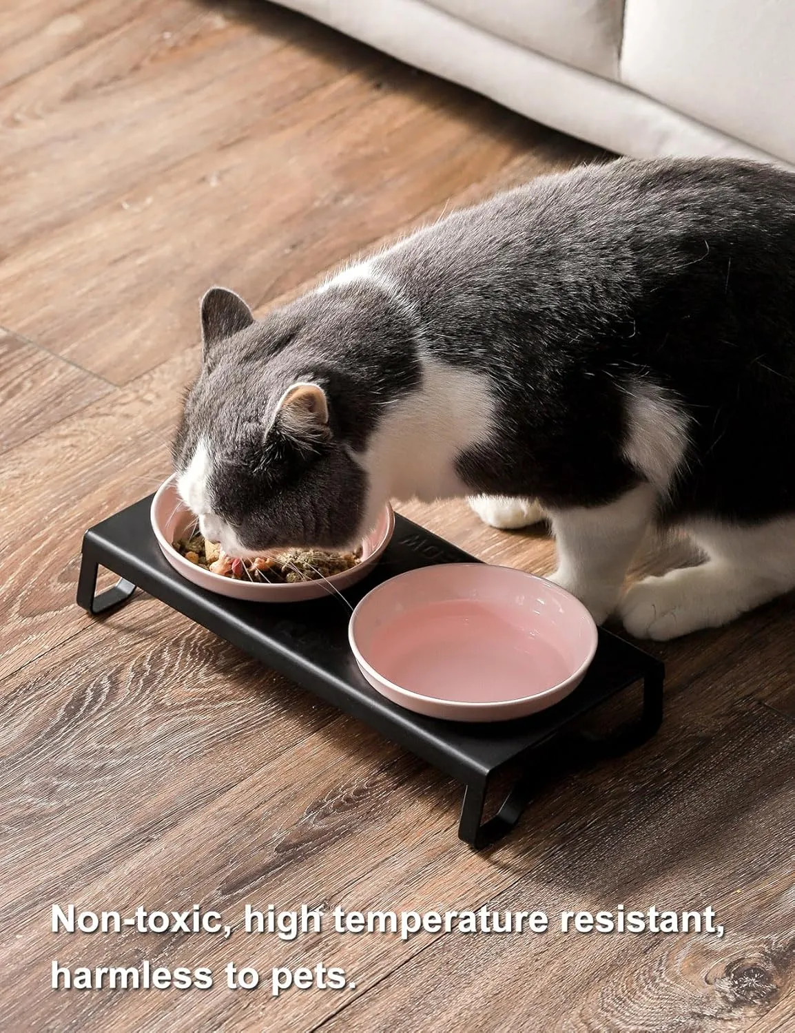 Ceramic Pink Cat Bowls Set - 5 inch Wide Cat Food & Water Bowl, Elevated Feeding Porcelain with Metal Stand for Indoor Cats and Small Dog,2 Bowls 1 Stand Set for Wet and Dry Food