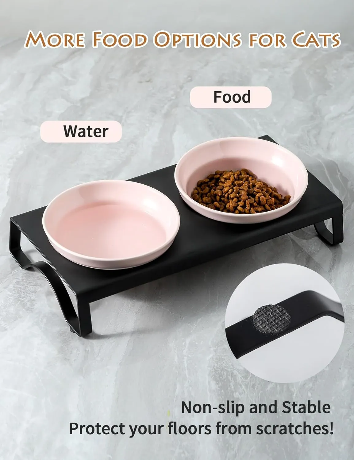 Ceramic Pink Cat Bowls Set - 5 inch Wide Cat Food & Water Bowl, Elevated Feeding Porcelain with Metal Stand for Indoor Cats and Small Dog,2 Bowls 1 Stand Set for Wet and Dry Food