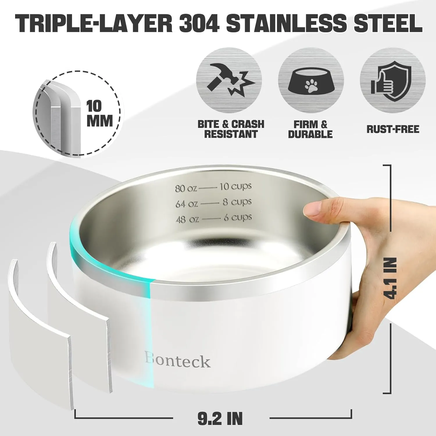 Dog Bowl - Dog Water and Food Anti Rust & Non Slip Metal Bowls Large, Spill Proof Insulated Double Wall Pet Dish for Dogs, Cats & Pets, Stainless Steel, Dishwasher Safe (100 oz, White)