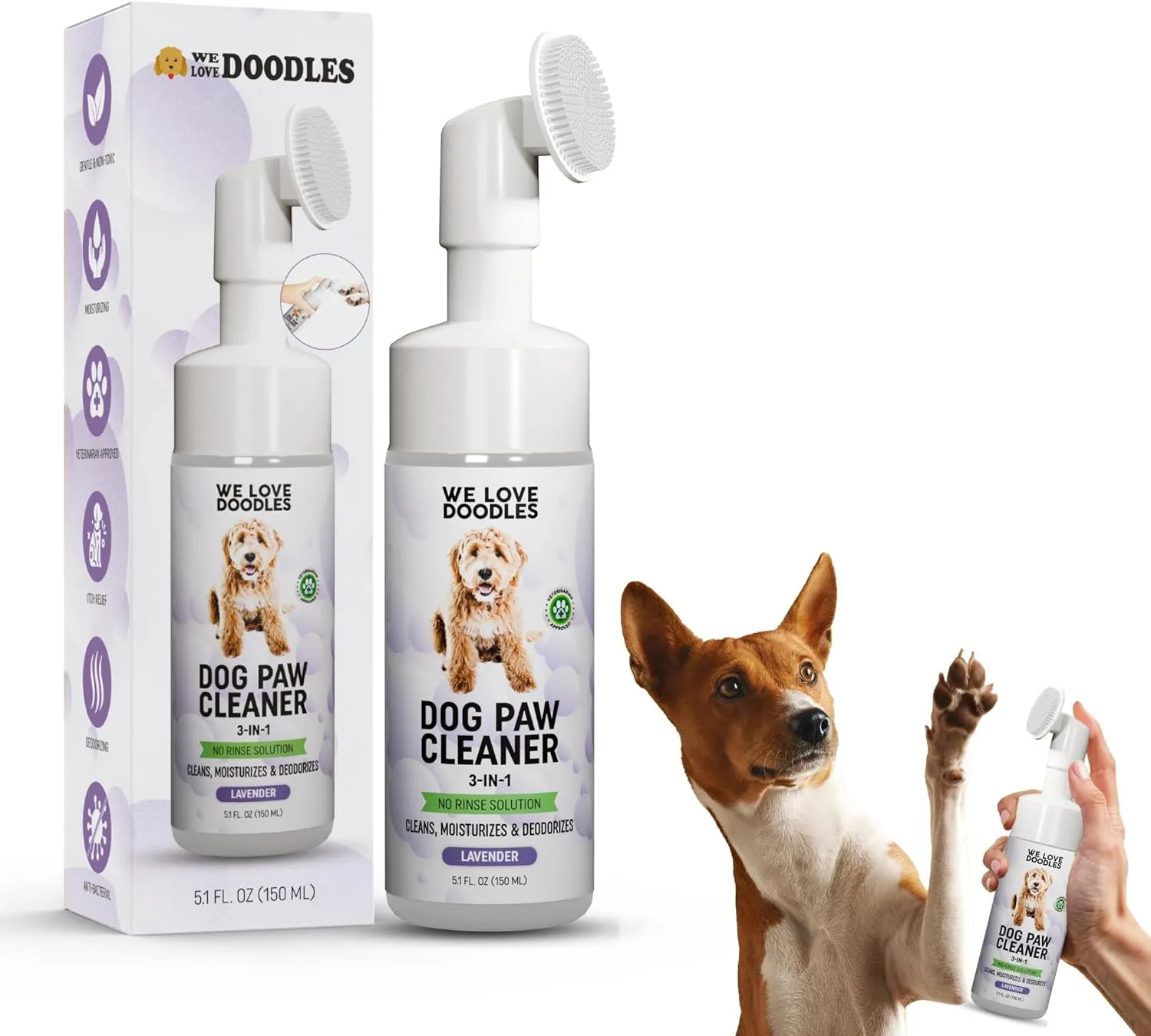 Dog Paw Cleaner (Over 100  Feet Cleanings) No-Rinse Dog Foot Washer, Gentle and Safe Paw Cleaner for Dogs and Cats, Foam Formula, Moisturizes and Deodorizes, 150mL (Lavender) [We Love Doodles]