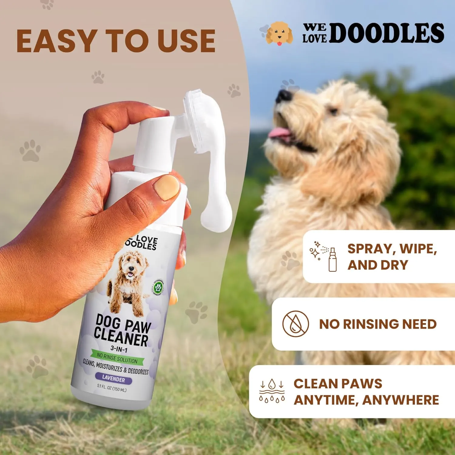 Dog Paw Cleaner (Over 100  Feet Cleanings) No-Rinse Dog Foot Washer, Gentle and Safe Paw Cleaner for Dogs and Cats, Foam Formula, Moisturizes and Deodorizes, 150mL (Lavender) [We Love Doodles]