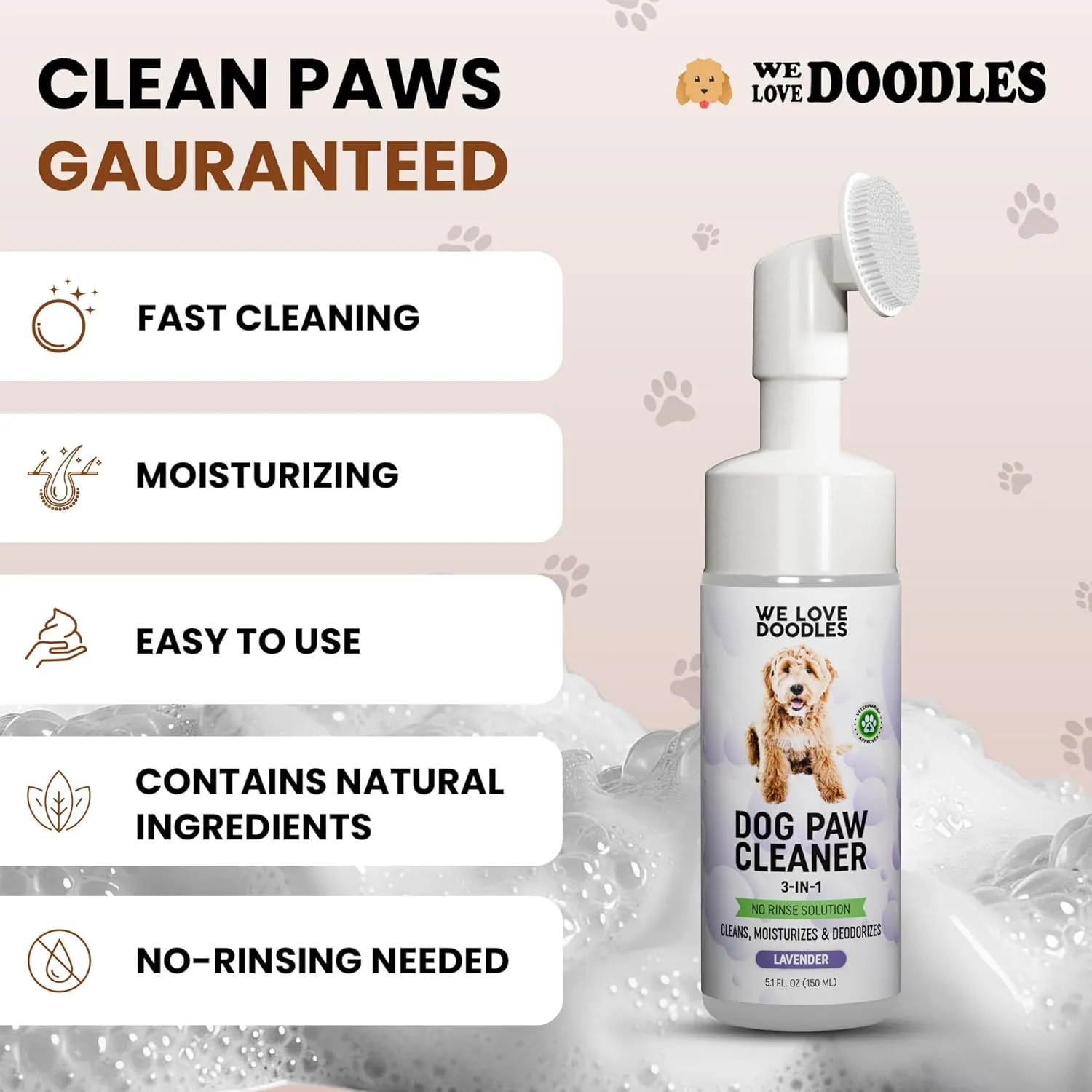 Dog Paw Cleaner (Over 100  Feet Cleanings) No-Rinse Dog Foot Washer, Gentle and Safe Paw Cleaner for Dogs and Cats, Foam Formula, Moisturizes and Deodorizes, 150mL (Lavender) [We Love Doodles]