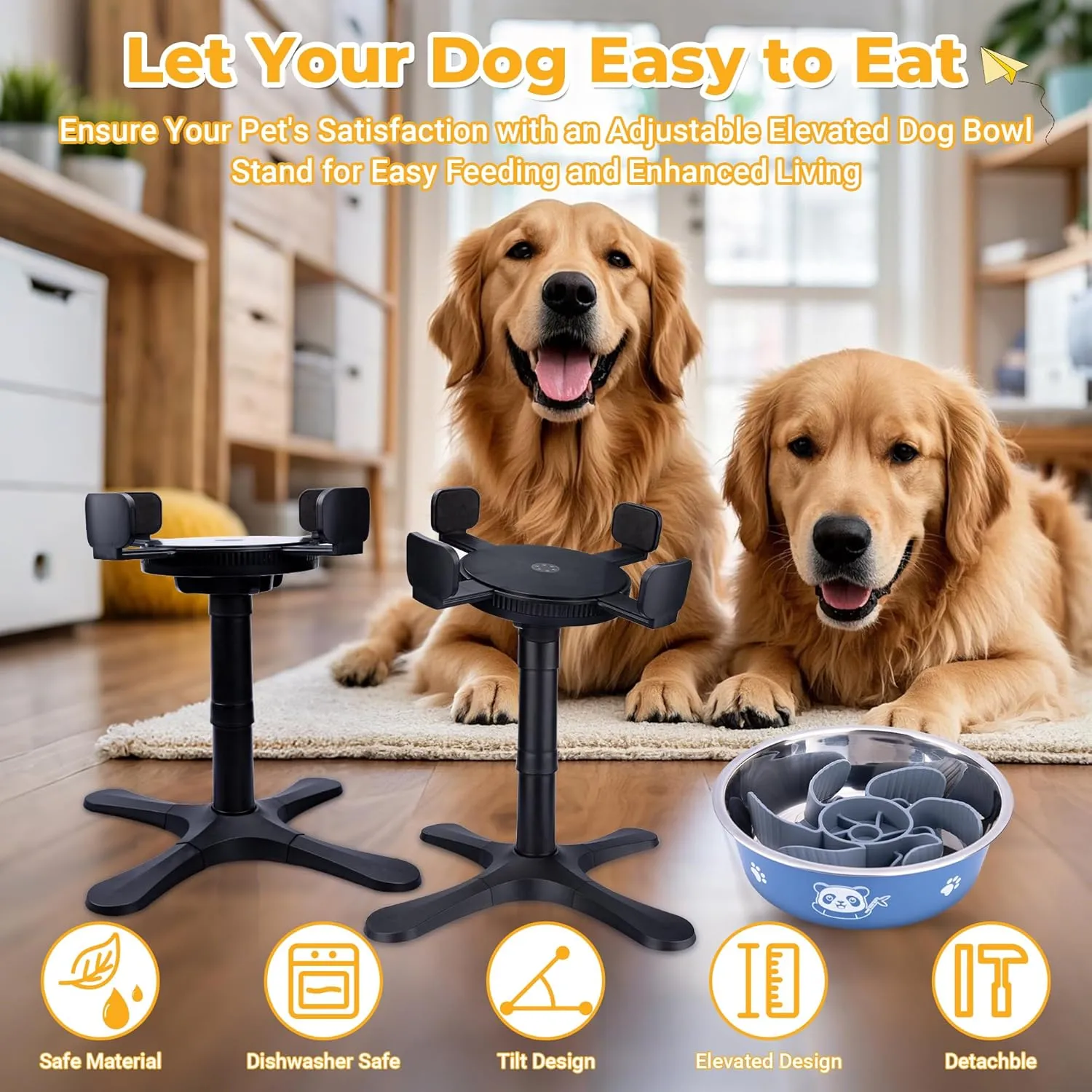 Elevated Slow Feeder Dog Bowl Adjustable Stand,Tilted ABS Base,Fits 5.5-9.5" Bowls, Anti-Spill & Non-Slip, Heavy Duty for Med/Large Dogs(1 Pack)