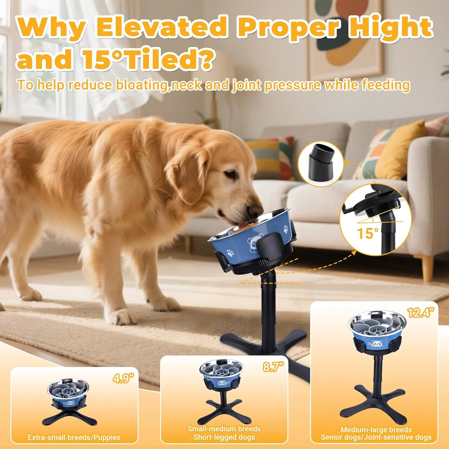 Elevated Slow Feeder Dog Bowl Adjustable Stand,Tilted ABS Base,Fits 5.5-9.5" Bowls, Anti-Spill & Non-Slip, Heavy Duty for Med/Large Dogs(1 Pack)