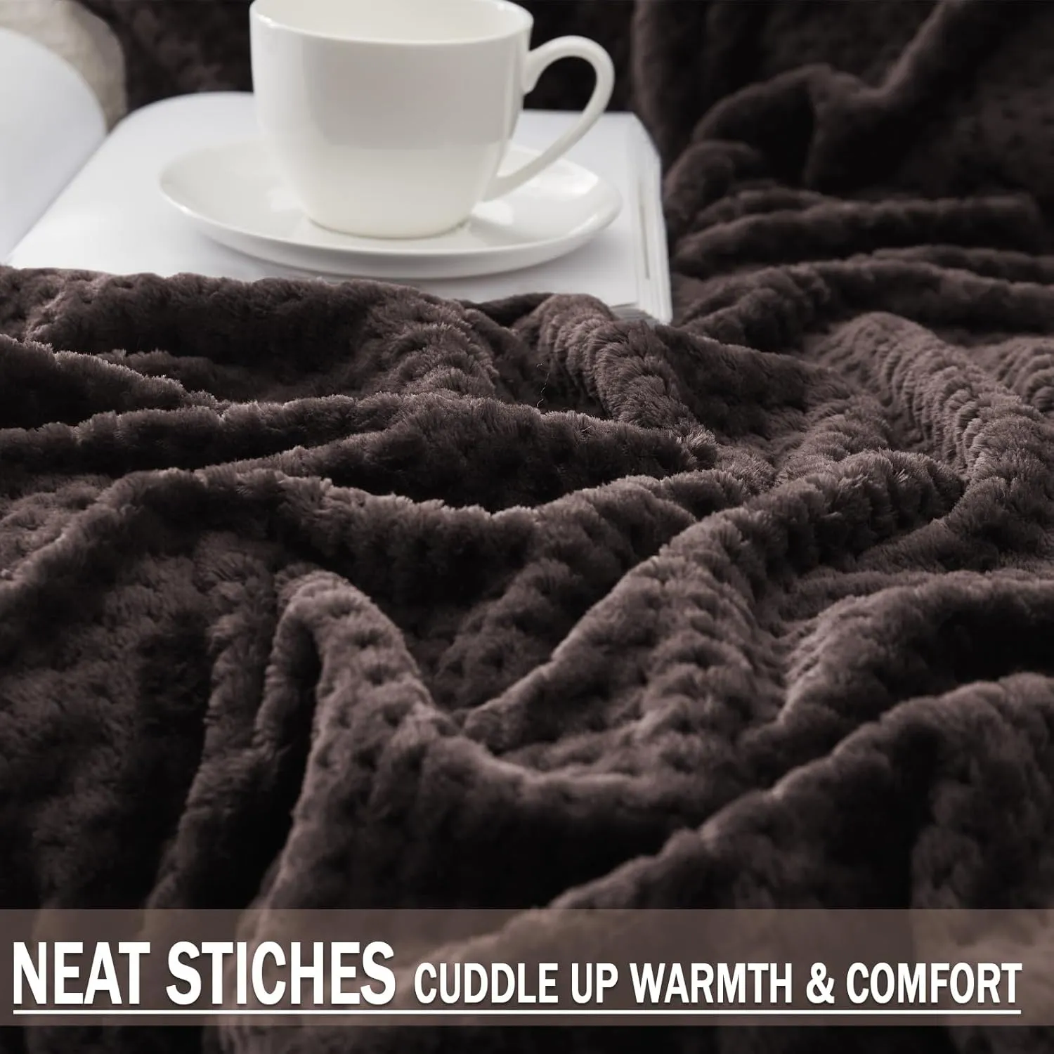 Exclusivo Mezcla Fleece Throw Blanket Extra Large, Super Soft and Warm Blankets for Couch, Sofa and Bed Waffle Textured, Cozy, Fuzzy and Lightweight (Coffee, 50x70 Inches)