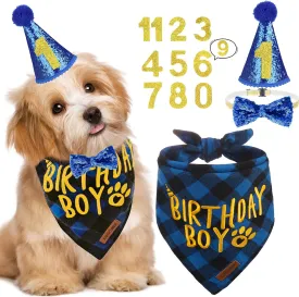 EXPAWLORER Dog Birthday Party Supplies - Birthday Boy Dog Bandana, Dog Birthday Hat with Numbers, Elegant Bow Tie Dog Collar, Cute Dog Birthday Outfit for Small Dogs (Small, Blue)