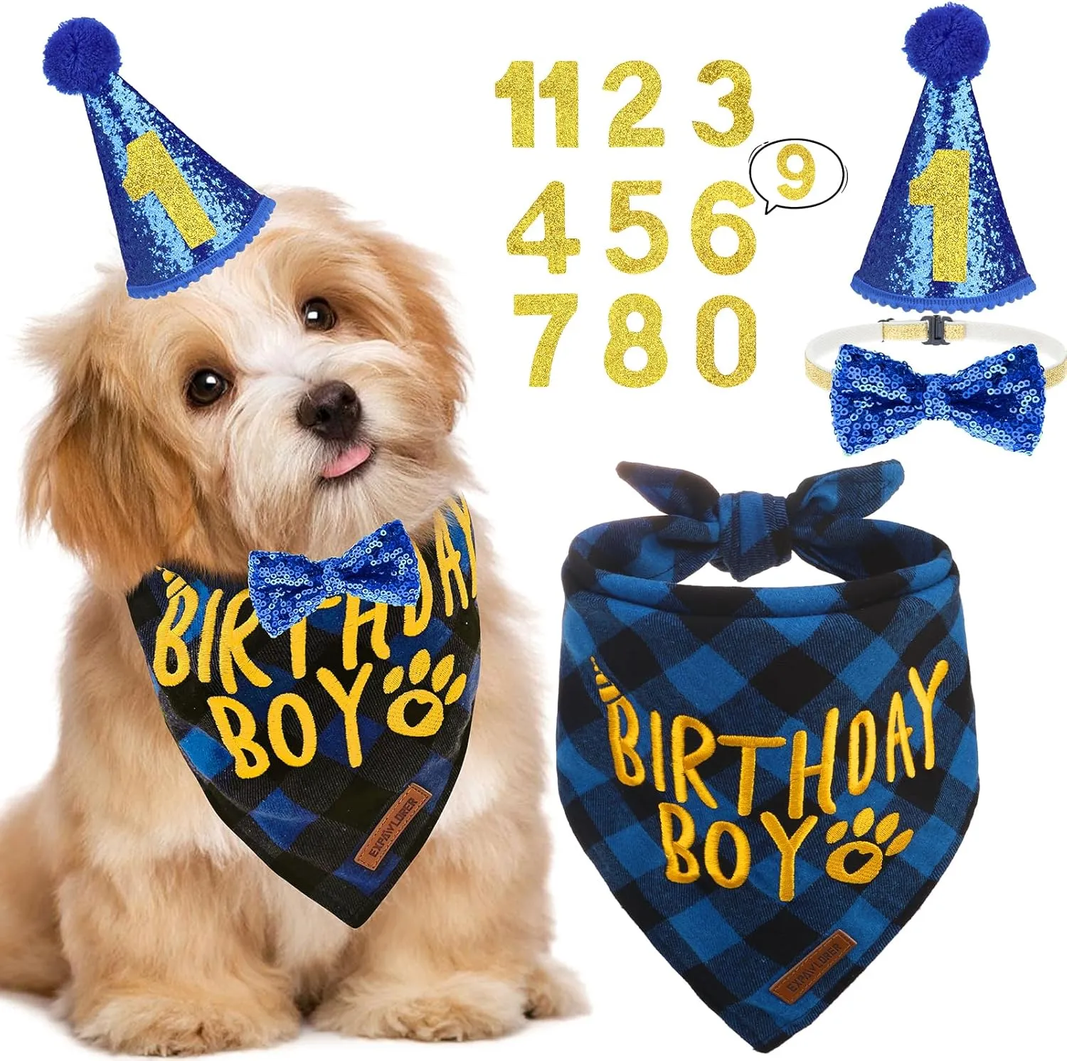 EXPAWLORER Dog Birthday Party Supplies - Birthday Boy Dog Bandana, Dog Birthday Hat with Numbers, Elegant Bow Tie Dog Collar, Cute Dog Birthday Outfit for Small Dogs (Small, Blue)