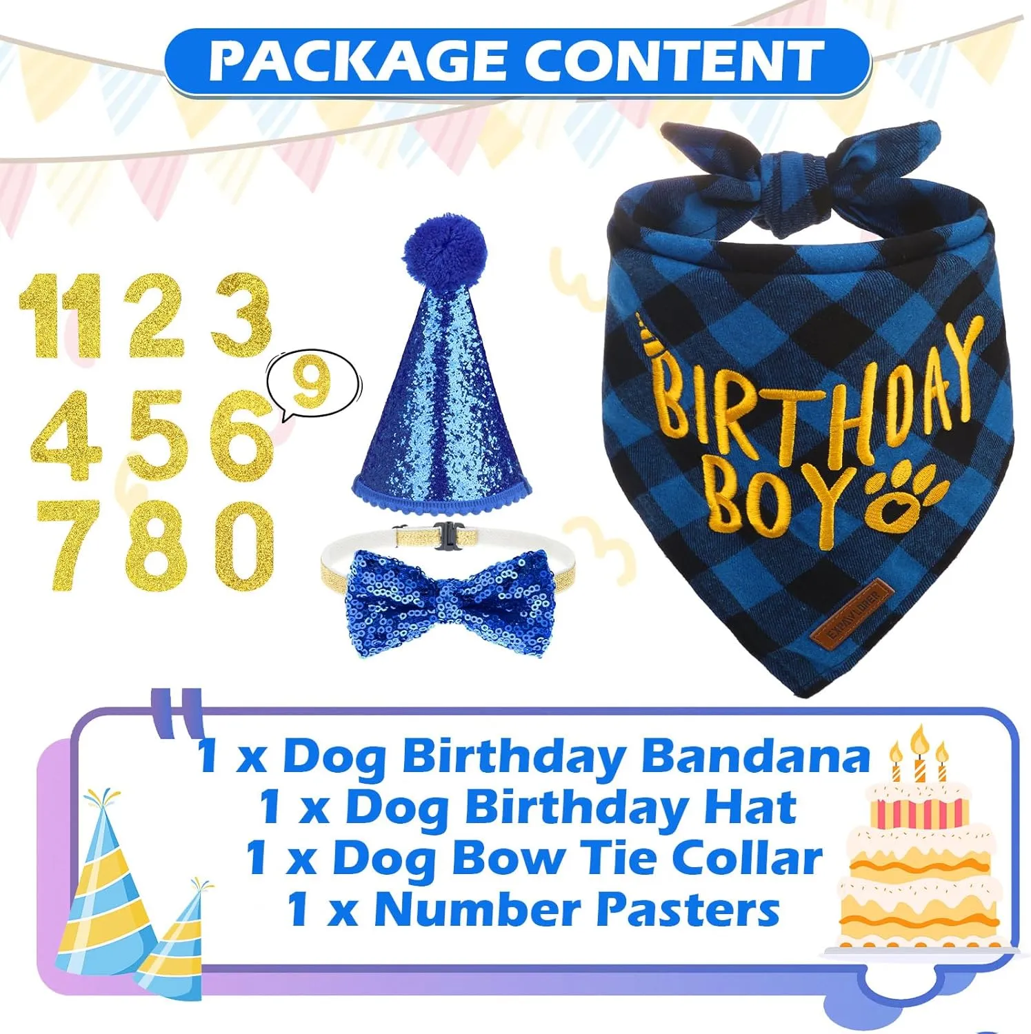 EXPAWLORER Dog Birthday Party Supplies - Birthday Boy Dog Bandana, Dog Birthday Hat with Numbers, Elegant Bow Tie Dog Collar, Cute Dog Birthday Outfit for Small Dogs (Small, Blue)