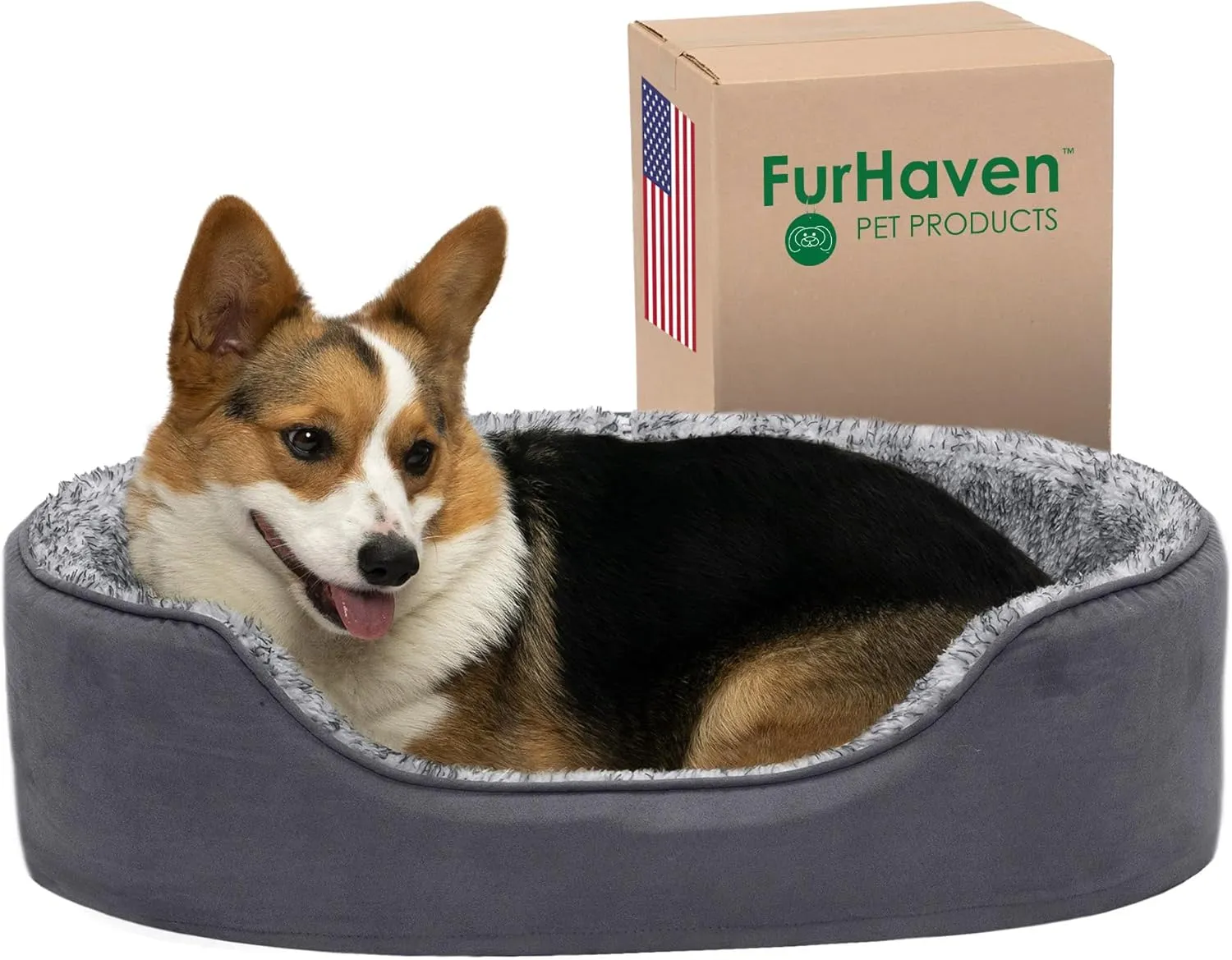 Furhaven Dog Bed for Large/Medium Dogs w/ Removable Washable Cover & Pillow Cushion Insert, For Dogs Up to 30 lbs - Two-Tone Faux Fur & Suede Oval Lounger - Gray, Large