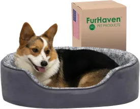 Furhaven Dog Bed for Large/Medium Dogs w/ Removable Washable Cover & Pillow Cushion Insert, For Dogs Up to 30 lbs - Two-Tone Faux Fur & Suede Oval Lounger - Gray, Large