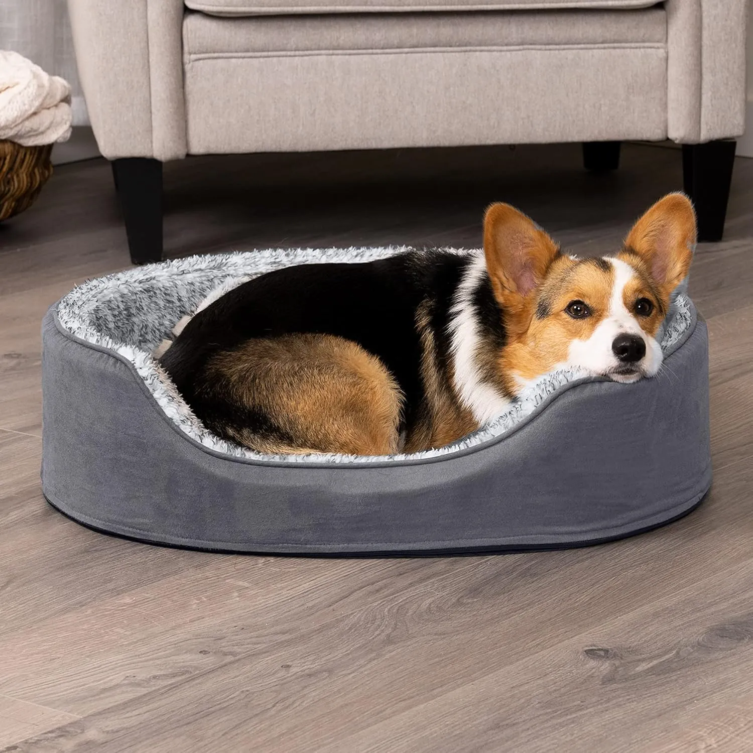Furhaven Dog Bed for Large/Medium Dogs w/ Removable Washable Cover & Pillow Cushion Insert, For Dogs Up to 30 lbs - Two-Tone Faux Fur & Suede Oval Lounger - Gray, Large