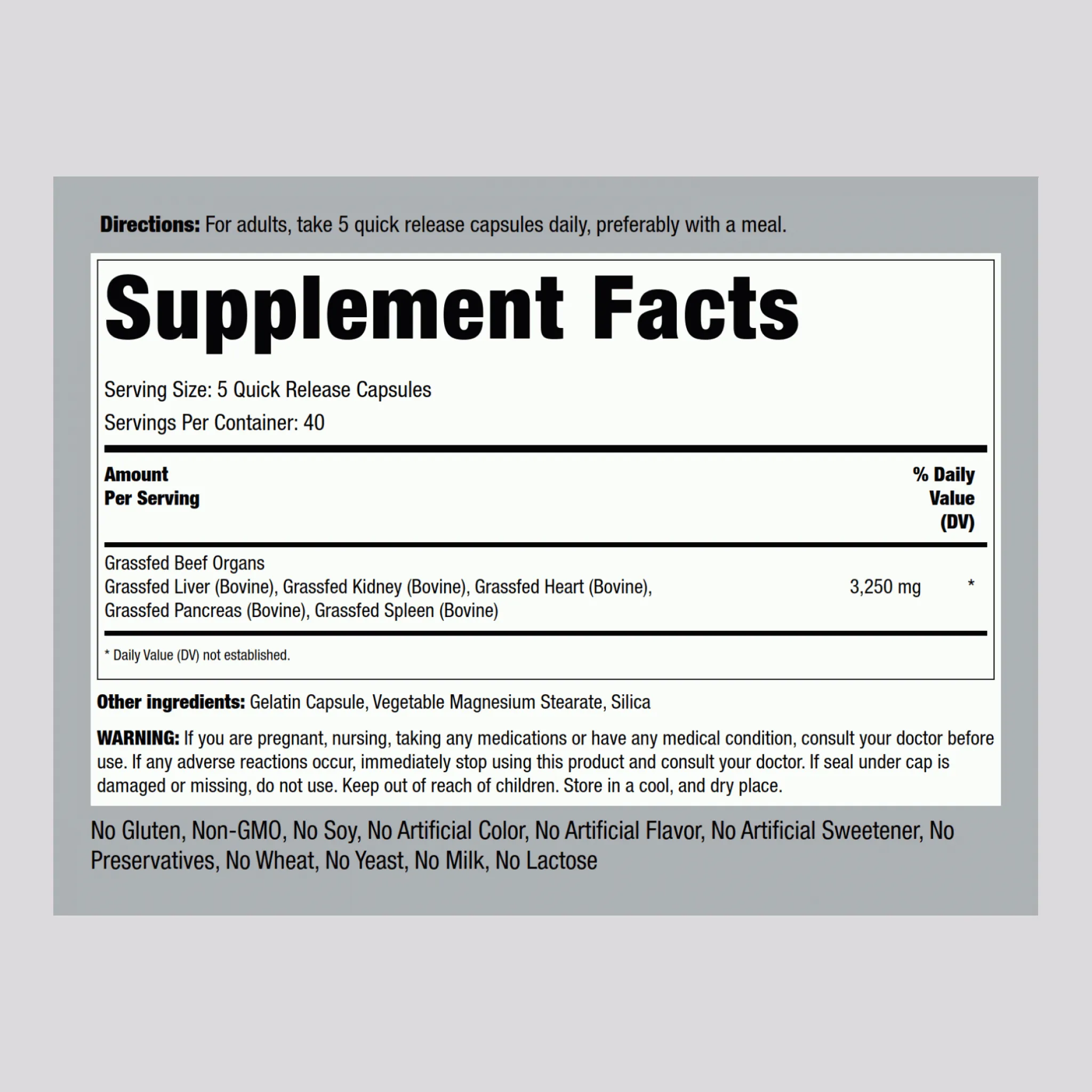 Grass Fed Beef Organs, 3250 mg (per serving), 200 Quick Release Capsules