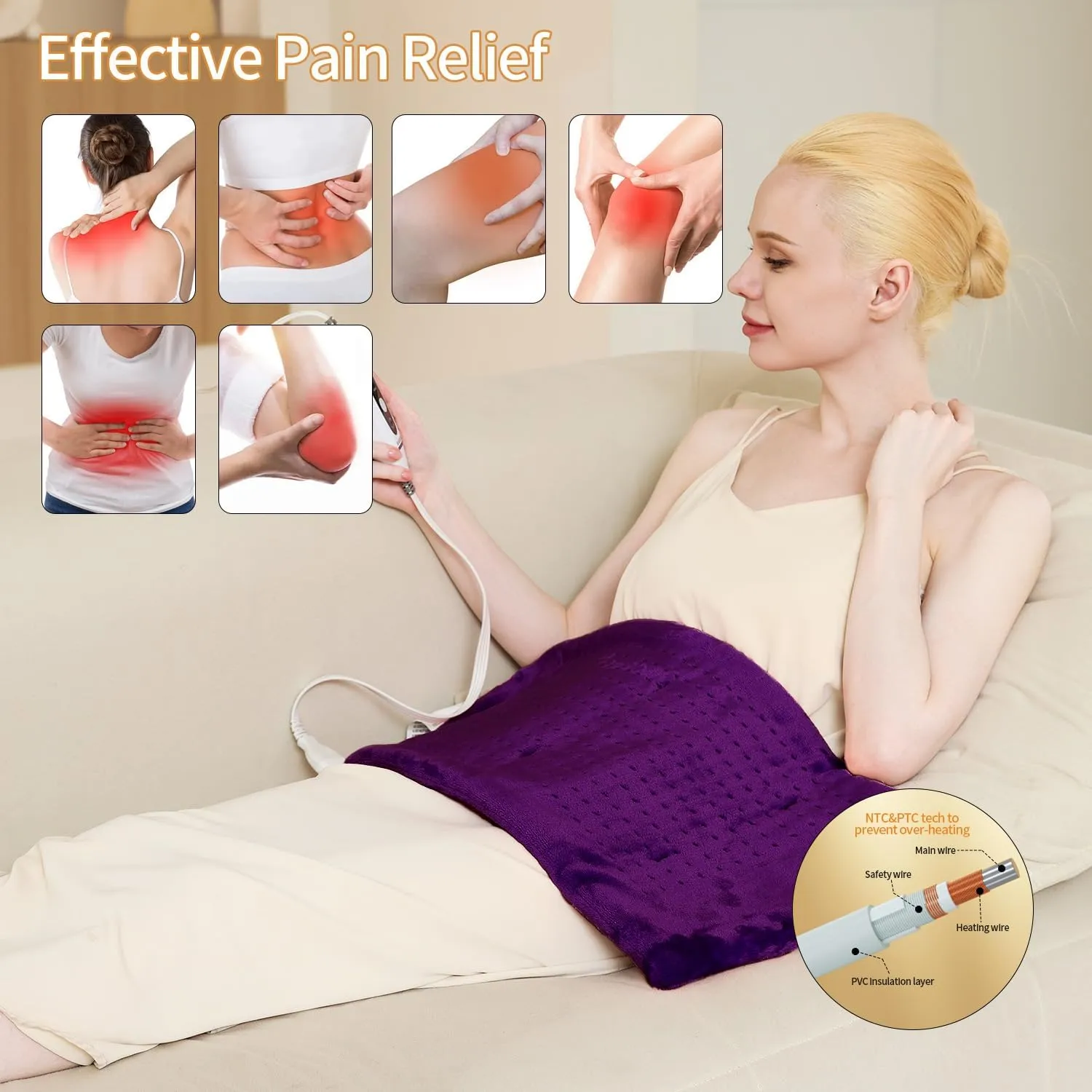 Heating Pad for Back Pain Relief & Cramps, Heating Pads with Auto Shut Off Large, 4 Heat Settings Electric Heated Pad for Neck, Shoulder, Moist Dry Heat Options, Gifts for Women Men, 12" x 24", Purple