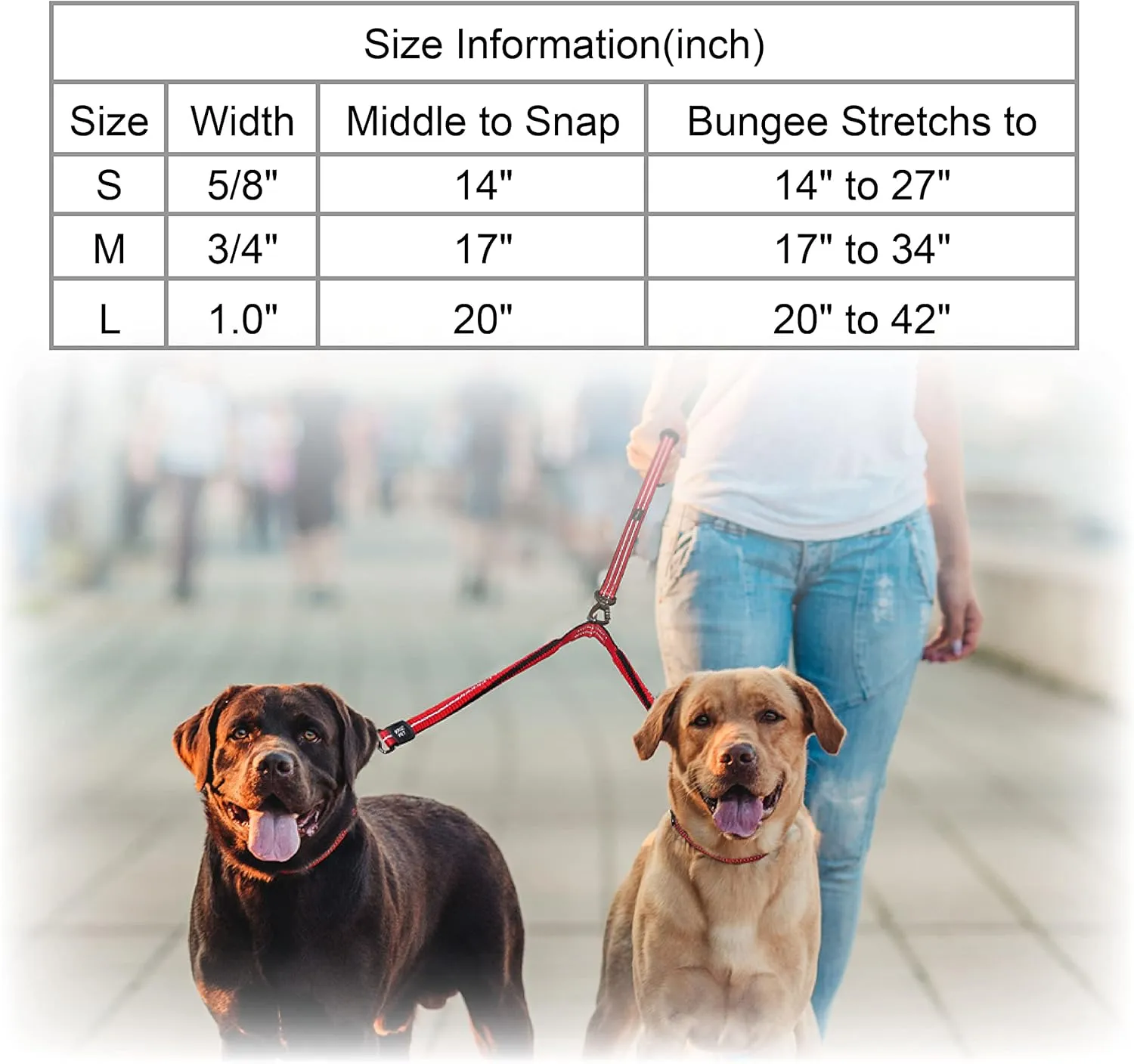 Kruz Double Dog Coupler - KZVX2-03S - Tangle Free Dog Walking and Training Dual Extension Coupler - Comfortable, Shock Absorbing - Reflective Bungee Coupler for Two Dogs - Red - 5/8" x 14"