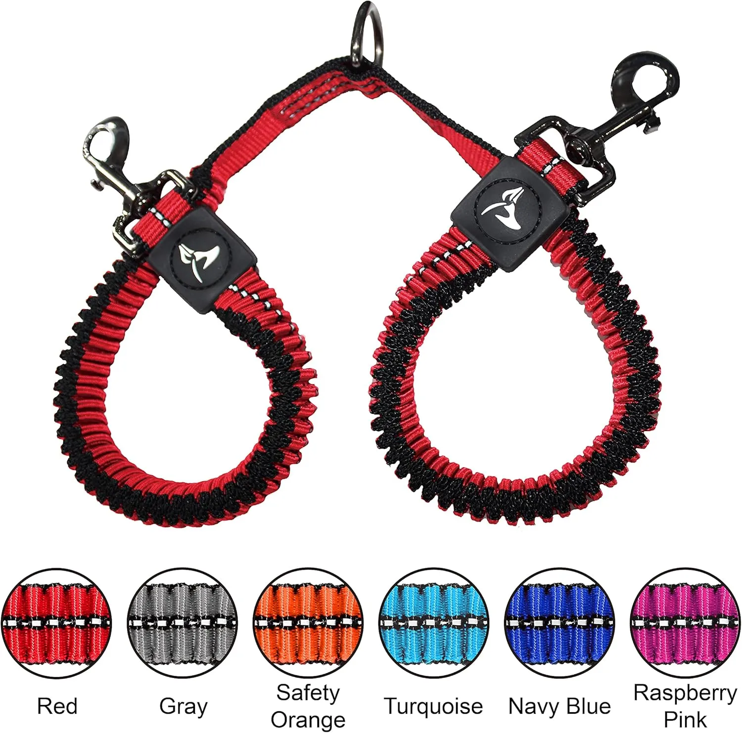 Kruz Double Dog Coupler - KZVX2-03S - Tangle Free Dog Walking and Training Dual Extension Coupler - Comfortable, Shock Absorbing - Reflective Bungee Coupler for Two Dogs - Red - 5/8" x 14"