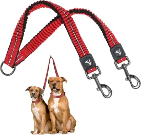 Kruz Double Dog Coupler - KZVX2-03S - Tangle Free Dog Walking and Training Dual Extension Coupler - Comfortable, Shock Absorbing - Reflective Bungee Coupler for Two Dogs - Red - 5/8" x 14"