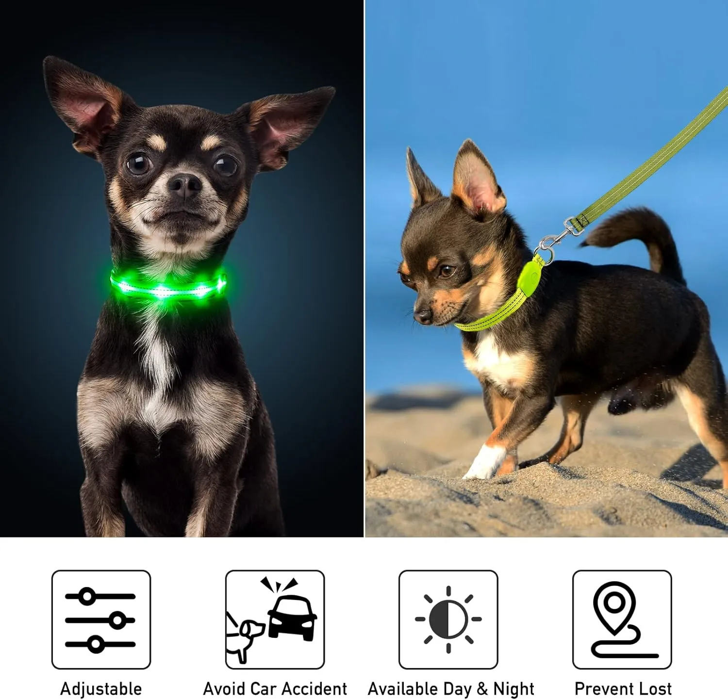 Light Up Dog Collars for Small Medium Large Dogs, Adjustable LED Dog Collar, Rechargeable Soft Glow Collar for Dog Cat Night Walking, Green