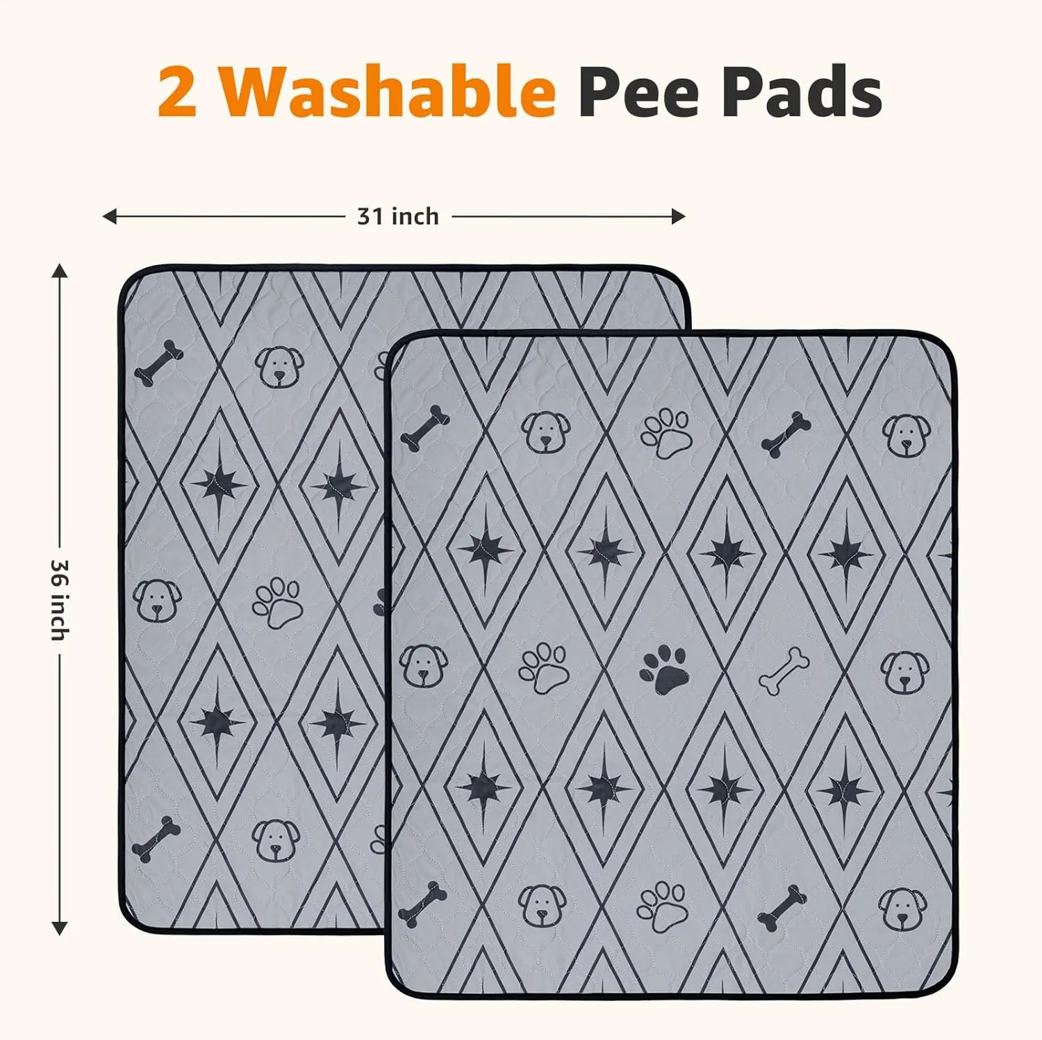 LOOBANI Washable Pee Pads for Dogs: 2 Pack 31"x36" Washable Puppy Pads, Reusable Pee Pads Waterproof & Leakproof Non-Slip Whelping Pee Pads & Potty Training Pad for Floor, Dog Playpen,Crate, Grey