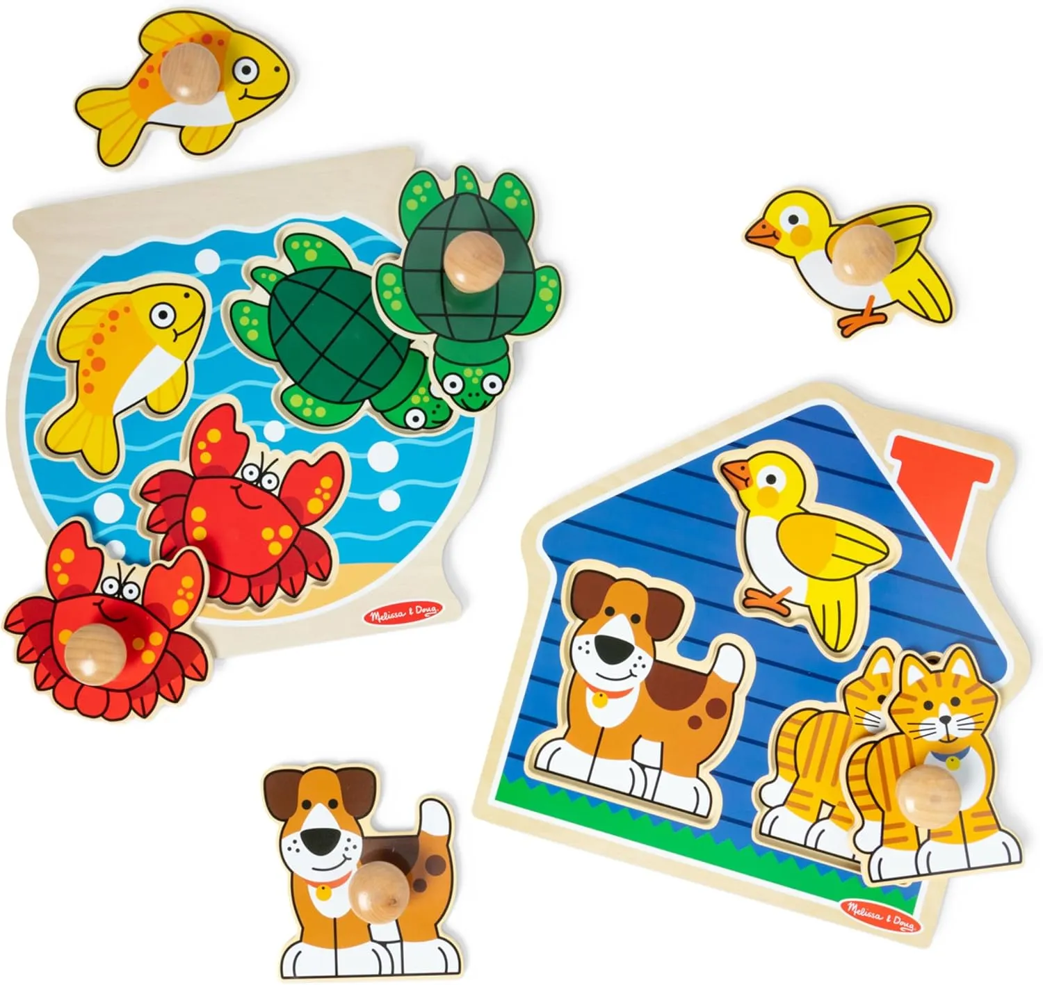 Melissa & Doug Wooden Jumbo Peg Puzzle 2-Pack  Fish Bowl, House Pets, 3-Piece for Toddlers Boys and Girls, Ages 1  Years