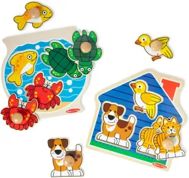 Melissa & Doug Wooden Jumbo Peg Puzzle 2-Pack  Fish Bowl, House Pets, 3-Piece for Toddlers Boys and Girls, Ages 1  Years