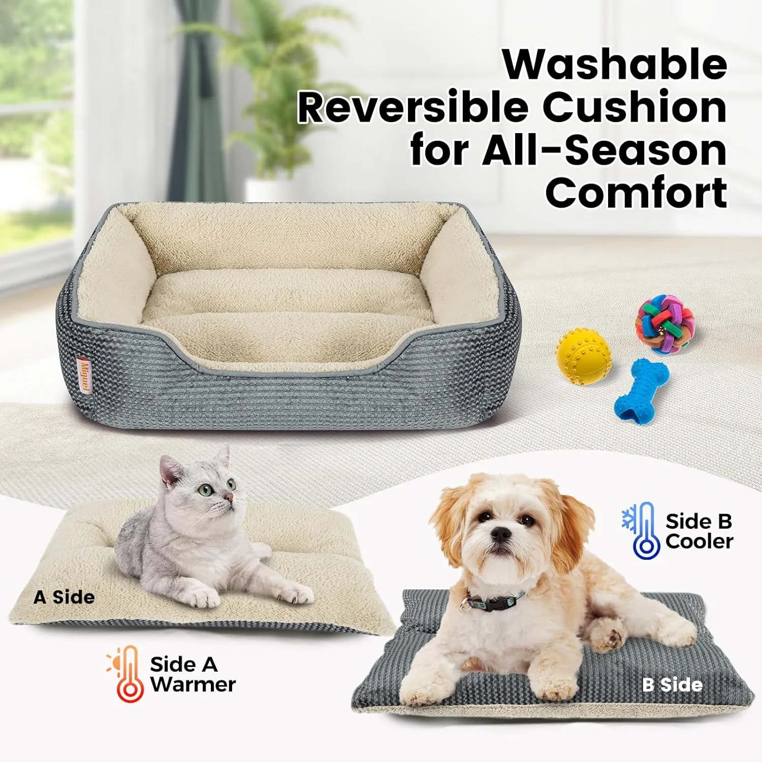 Miguel Dog Bed with Removable Cushion/Pillow for Medium Small Dogs, Washable Pet Bed with Side Easy to Wash Puppy Bed, Large Rectangle Cat Bed for Indoor Cat with Anti-Slip Bottom, Gray 25 Inch