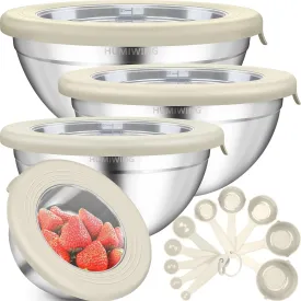 Mixing Bowls with Lids Set - Mixing Bowl Set with Colander, Mixing Bowls Stainless Steel Kitchen Gadgets 2024 Accessories Essentials Serving Bowls Salad Bowl - Beige