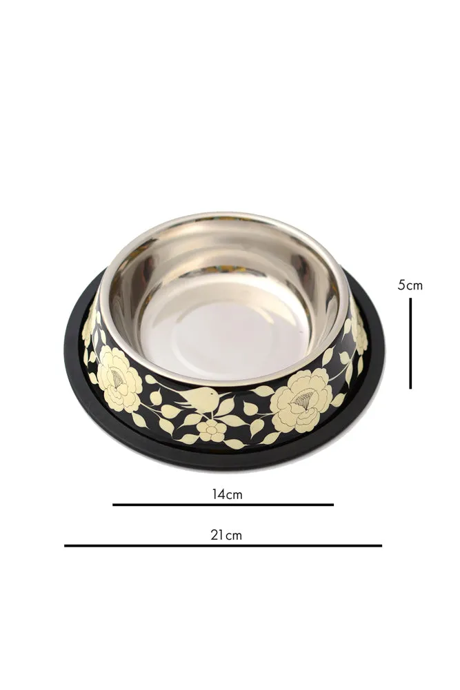 Monochrome Floral Stainless Steel Dog Bowl
