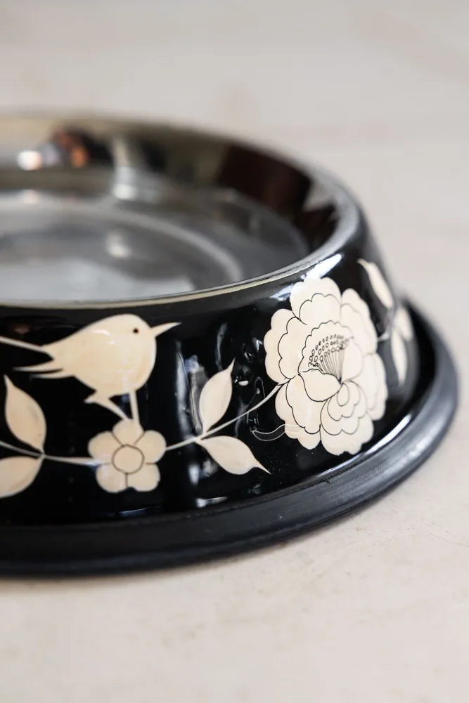 Monochrome Floral Stainless Steel Dog Bowl