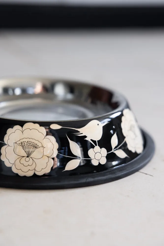 Monochrome Floral Stainless Steel Dog Bowl
